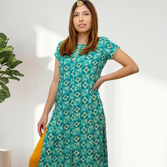 Blue and Cream Printed Kurta Design | Muvvas Boutique - Picture 2 of 10